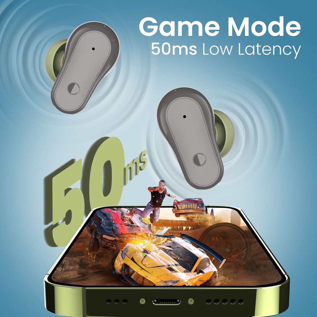 Cellecor BroPods C109 QUAD TWS, 60H Playtime,Quad Mic ENC,5.3v BT,50ms Low Latency Gaming Bluetooth-Grey Olive Green