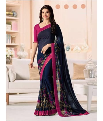 Gazal Fashions Chiffon Printed Saree With Unstitched Blouse Piece ( Blue )