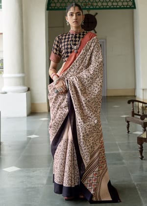 Off White Printed Cotton Silk Saree