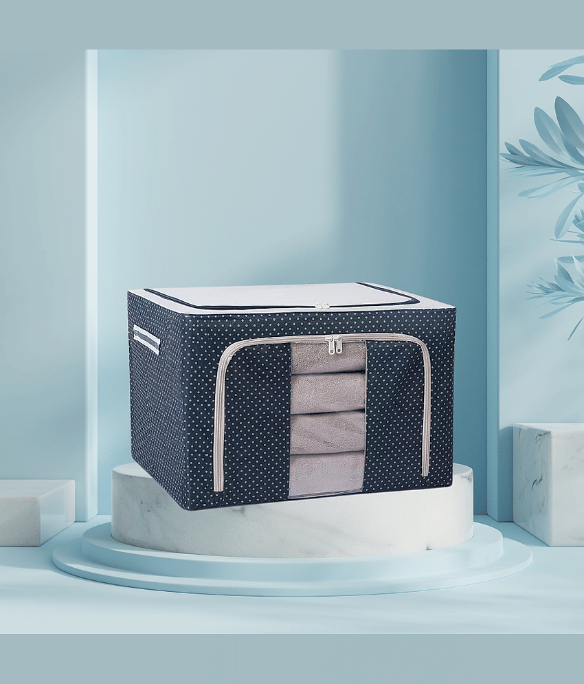 Foldable & Collapsible Large 66L Garment Storage Bag For Wardrobe, Cloth Organizer Clothes Box, Saree Cover Dress Organiser (Pack Of 1) (Oxford Fabric Metal), Blue