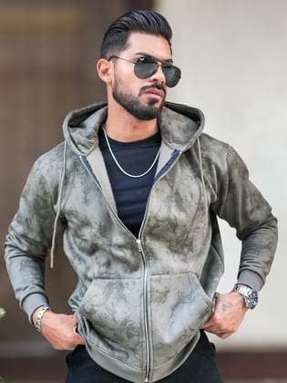 Cloud Printed Olive Green Zipper Sweatshirt-S