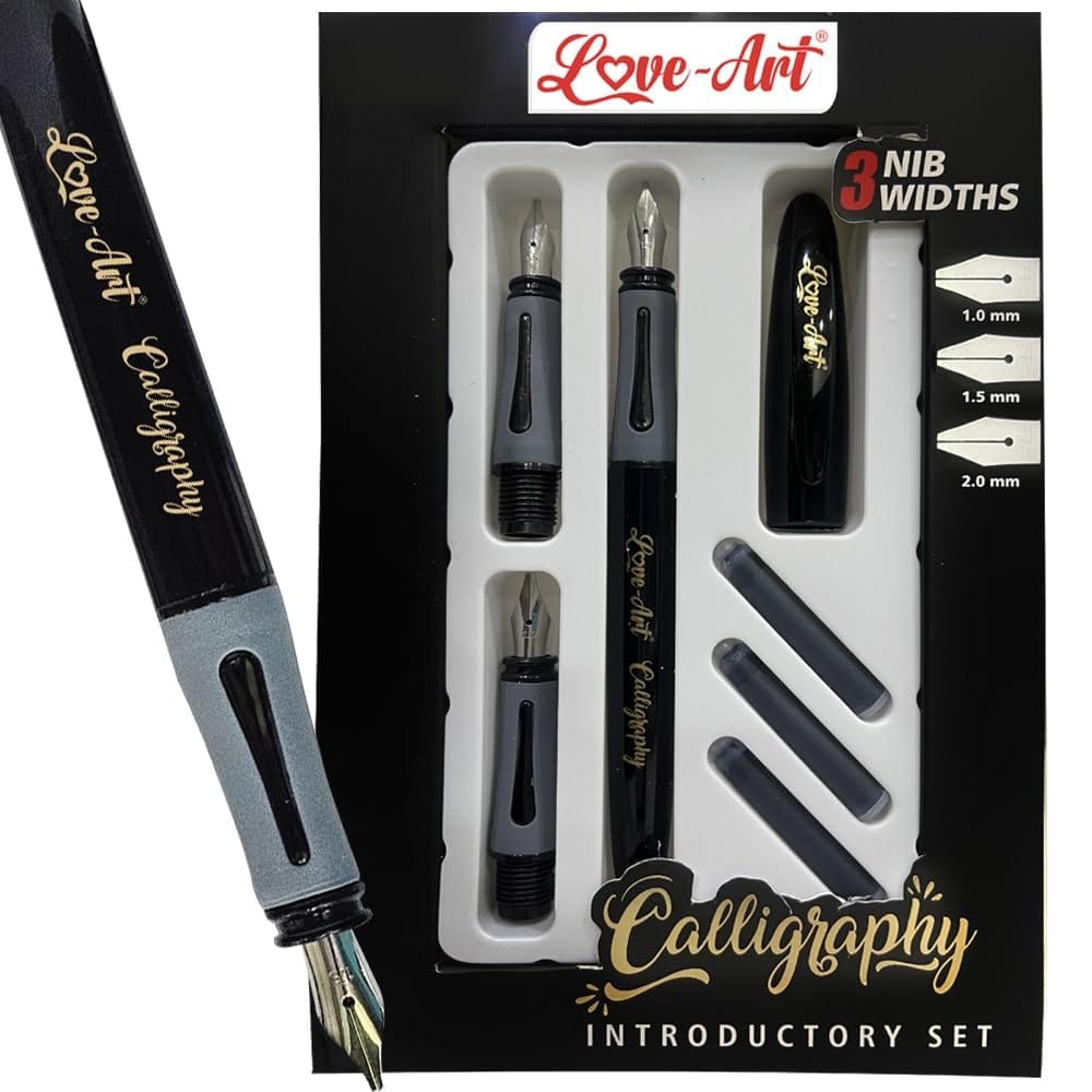 Love-Art Calligraphy Fountain Pen Set with 3 nibs | Black Body Color With 3 Ink Cartridges (3 Black) | Ideal for Calligraphy, Journaling, and Everyday Writing