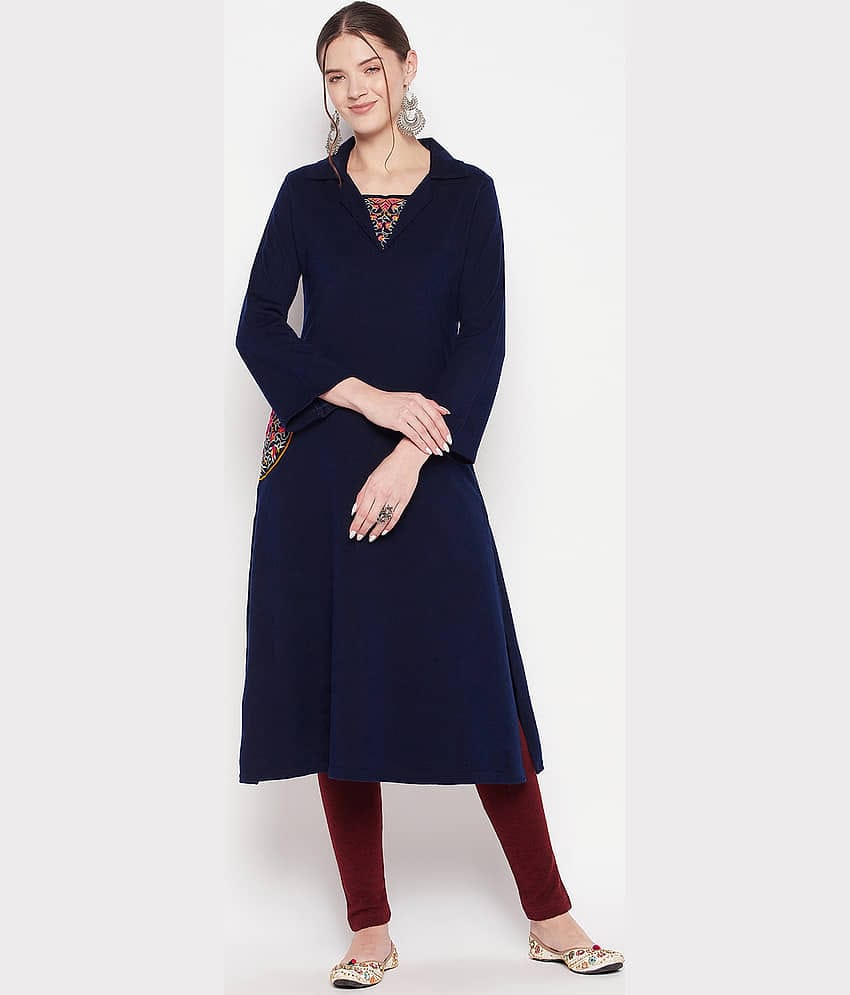 zigo Woollen Embroidered A-line Women's Kurti - Navy ( Pack of 1 )