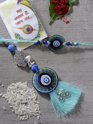 NVR Unisex Set of 2 Blue Evil Eye & Beaded Bhaiya Bhabi Rakhi With Roli Chawal-Freesize / Blue / Acrylic