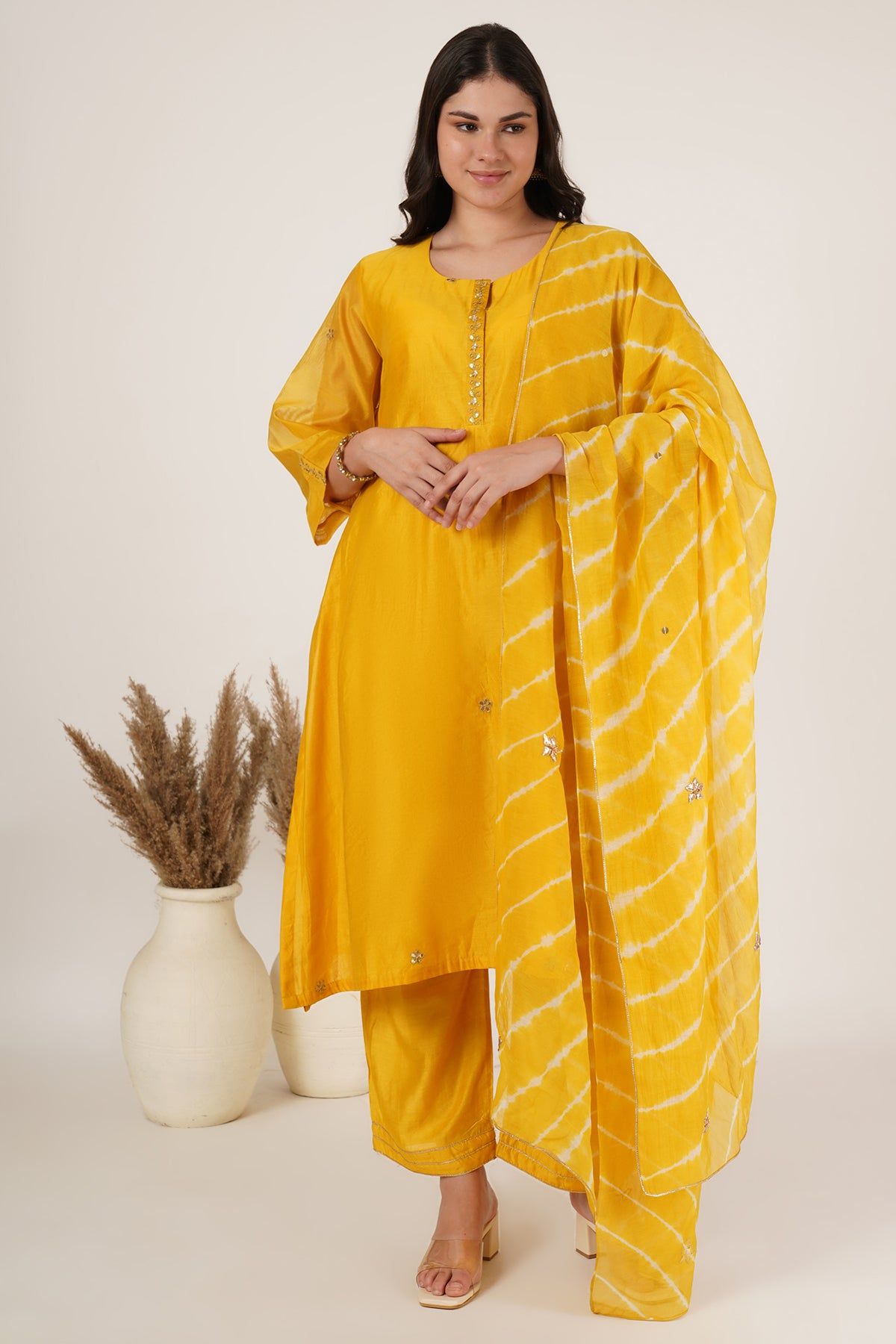 Yellow tunic chanderi set of 3-S