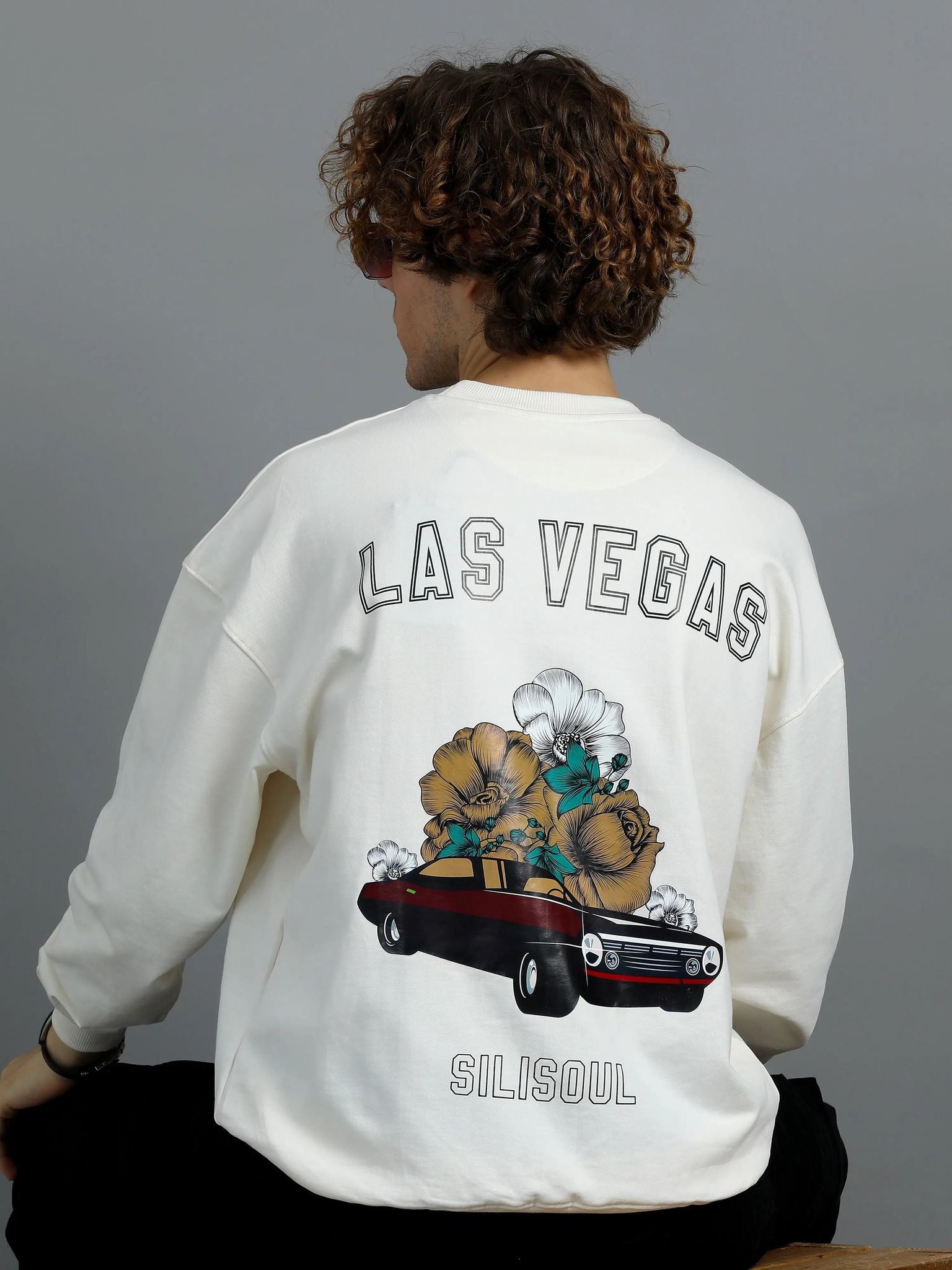 Men Printed Oversized Sweatshirt Pure Cotton Full Sleeve Off white-XS