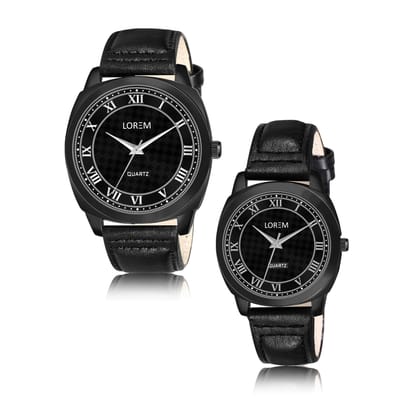LOREM Couple Watches with Black Dial, Roman Numerals, Faux Leather Strap, Quartz Movement