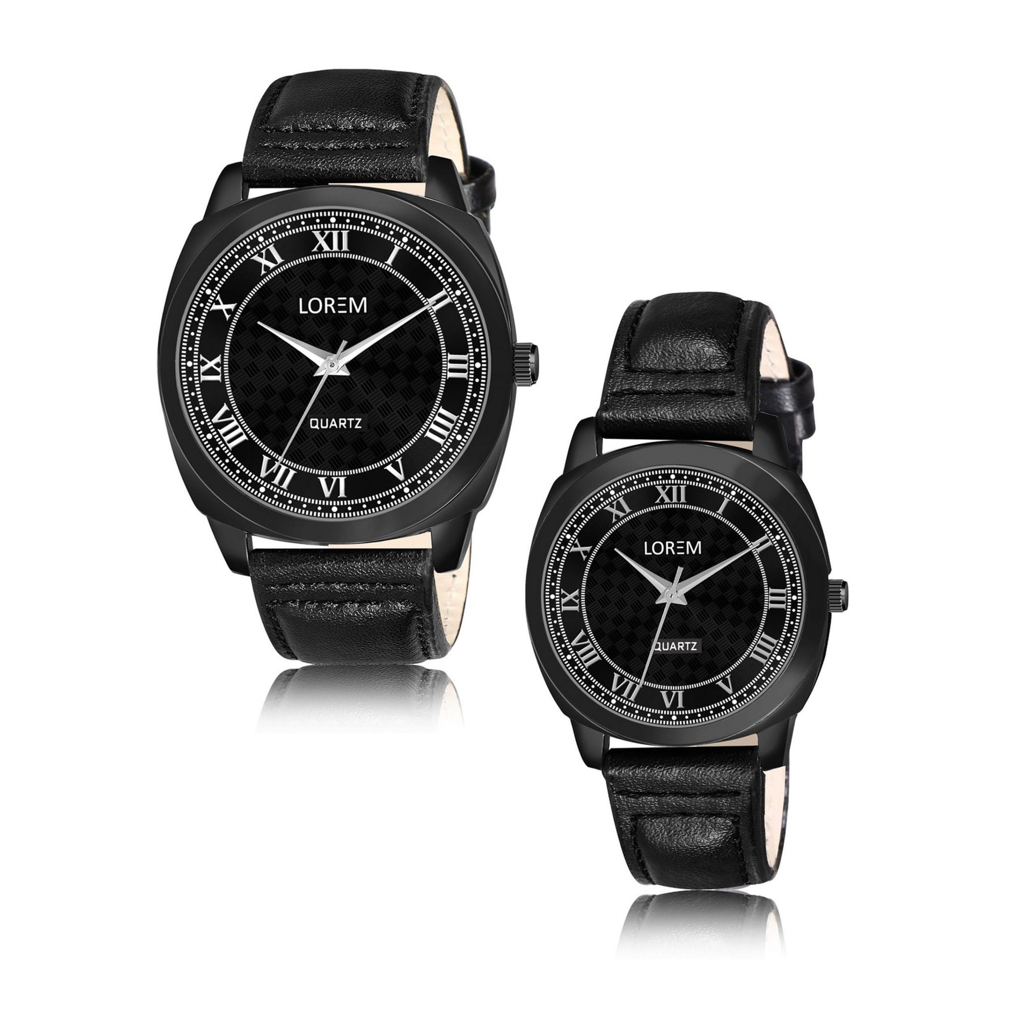LOREM Couple Watches with Black Dial, Roman Numerals, Faux Leather Strap, Quartz Movement