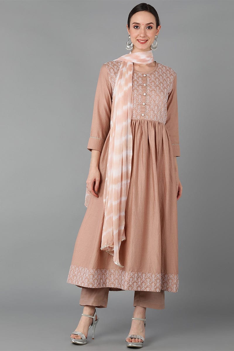 Beige Silk Blend Yoke Design Solid Suit Set PKSKD1608