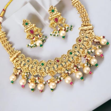 Vintage Brass Pearl Jewellry Set with Earrings