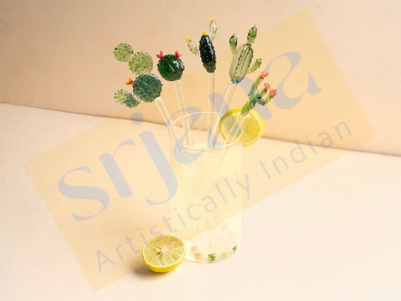 Srjana Handcrafted Cactus Glass Stirrers 2pc assorted