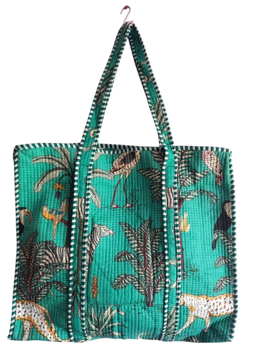 Eco-Friendly Quilted Cotton Tote Bag - Turquoise Animal Print