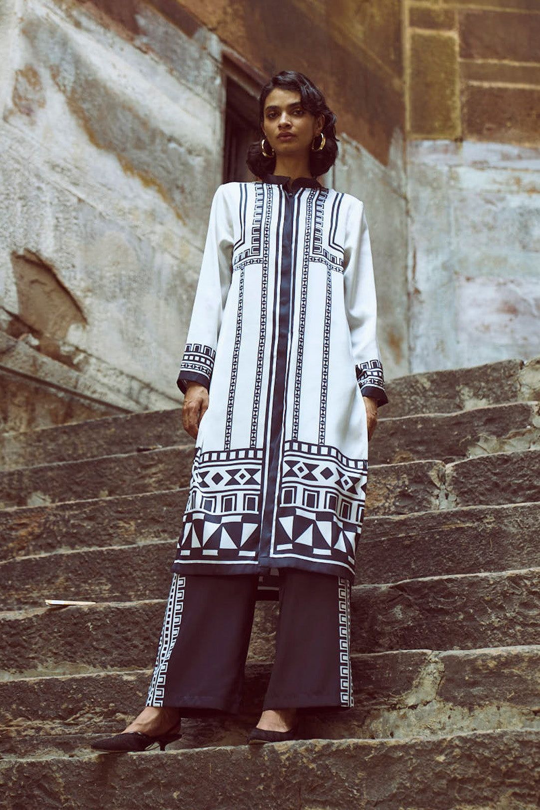 GEO TRIBAL PRINTED PANT-XXS / Black/Ivory