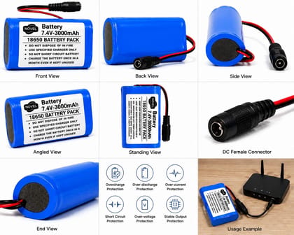 NOVEL 7.4V 18650 Lithium-Ion Battery Pack with BMS and DC Female Wire | Compatible with CCTV Cameras, Wi-Fi Routers, Robotics Systems and Emergency Lighting