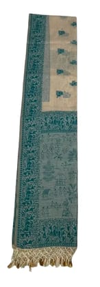Saura Art Cotton Saree Beige Teal Village Scene Pallu