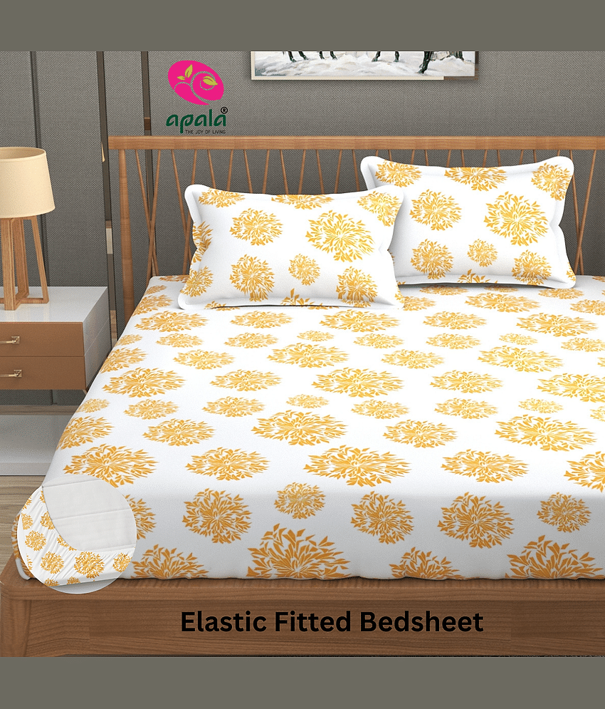 Apala Microfibre Abstract Fitted Fitted bedsheet with 2 Pillow Covers ( King Size ) - White