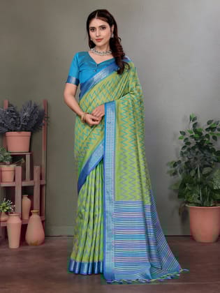 Parrot Green Soft Silk Zig Zag Pattern Bollywood Saree