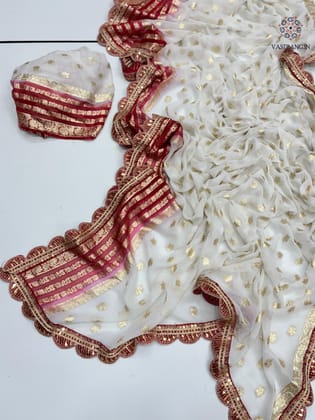 Latest Wedding wear Off White Color Viscose Georgette Jacquard Weaving n Sequence Border Work Designer Saree