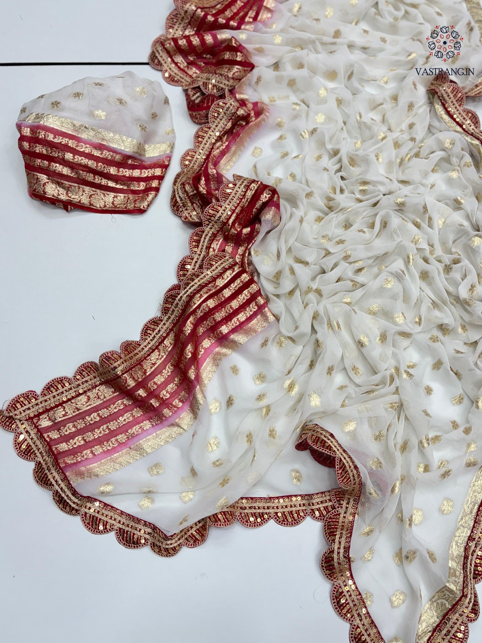 Latest Wedding wear Off White Color Viscose Georgette Jacquard Weaving n Sequence Border Work Designer Saree