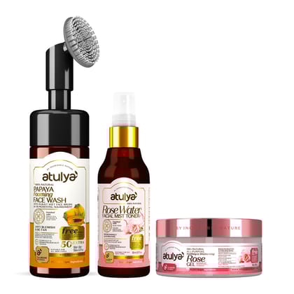 Atulya Papaya Foaming Face Wash + Rose Water Toner + Rose Gel Combo
