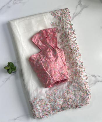 Beautiful Soft Tebby Silk Cream Color Embroidery Work Saree with Designer Unstitched Blouse