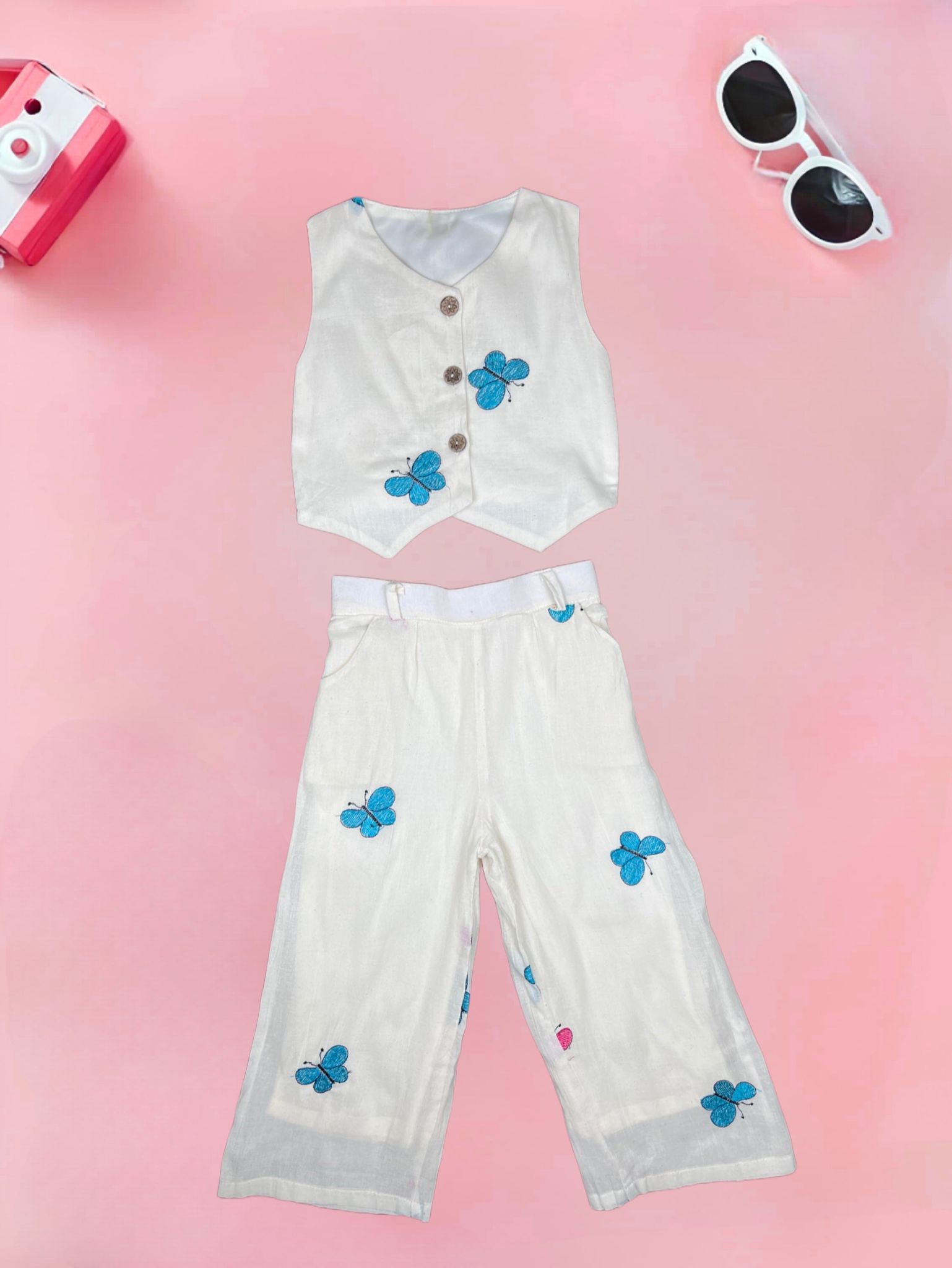 Girl's Embroidered Khadi Cotton Co-Ord Set [GCS-7635] (1-12 Years)-1-2Y (Size - 18) / Cotton