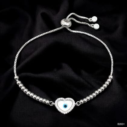 Heart Evil Eye Cubic Zirconia White Silver Anti Tarnish Adjustable Slider Bracelet For Women