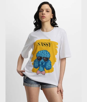 JUNEBERRY Women Cotton Printed Oversized Fit Round Neck T-Shirt ( White )