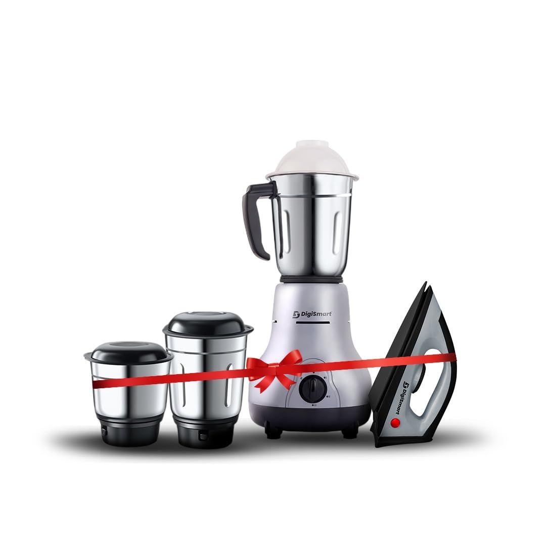 DigiSmart 750W Mixer Grinder with 3 Stainless Steel Kitchen Mate Jars & 1150W Dry Iron Combo | Wet & Dry Grinding | Teflon Soleplate Iron | 2 Years Warranty | Grey & Black DigiSmart 750W Mixer Grinder with 3 Stainless Steel Kitchen Mate Jars & 1150W Dry