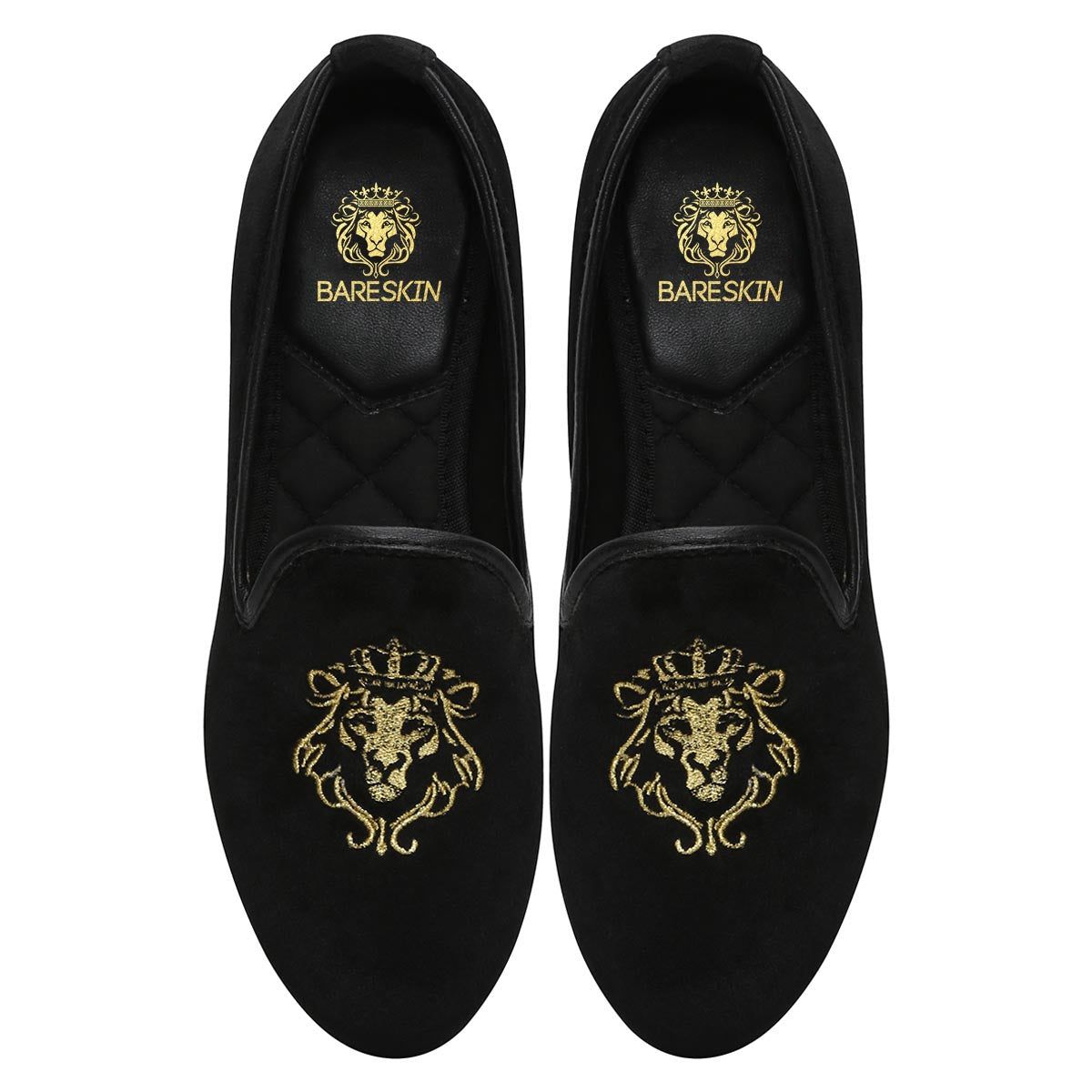 Brune & Bareskin Black Velvet Slip-Ons With Golden Embroidery For Women-35/3