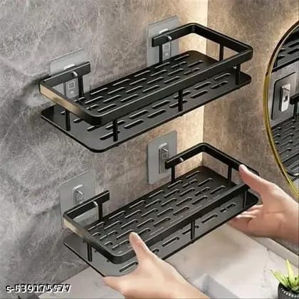 Maruti premium black metal bathroom shelf heavy duty powder coated rust proof wall mounted bathroom organizer rack self adhesive no drill storage shelf for shampoo soap conditioner toiletries modern bathroom accessoriespack of 2