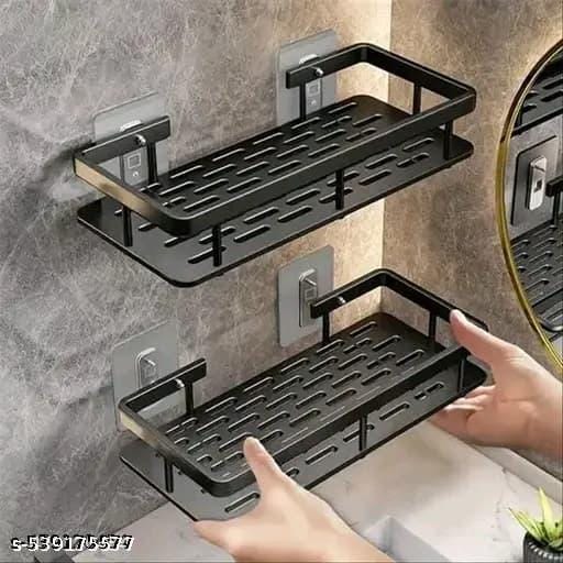 Maruti premium black metal bathroom shelf heavy duty powder coated rust proof wall mounted bathroom organizer rack self adhesive no drill storage shelf for shampoo soap conditioner toiletries modern bathroom accessoriespack of 2