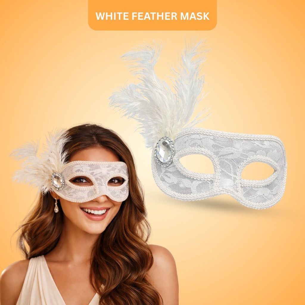 Fancy White Net Masquerade Mask wih Feathers - 1PC - Party and Festive Needs | Buy online on ZillyBuy