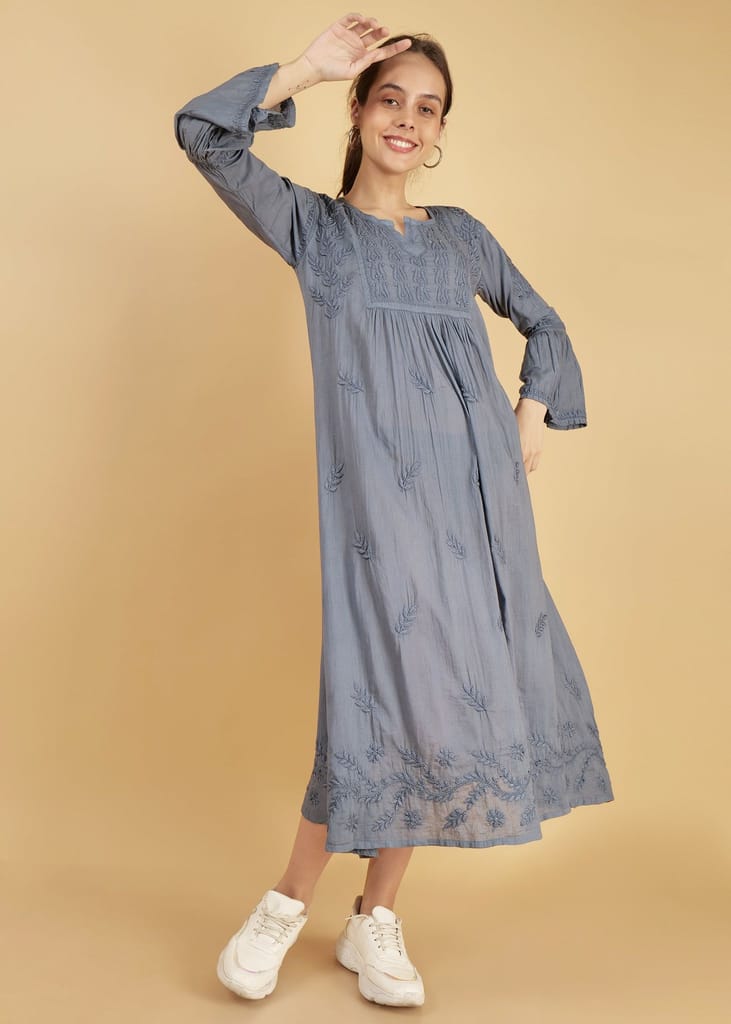 Mulmul Hand Embroidered Knee length Chikankari Dress Grey