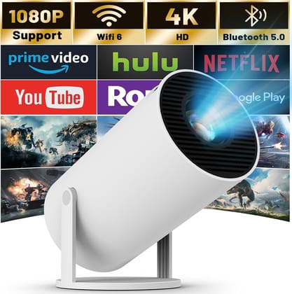Smart Mini Projector with WiFi 6 and Bluetooth 4K Support Portable 180 Degree Rotatable Movie Projector