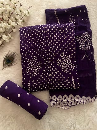 Cotton Satin Self Color Kutch Bandhani Dress Material (Unstitched)-Purple