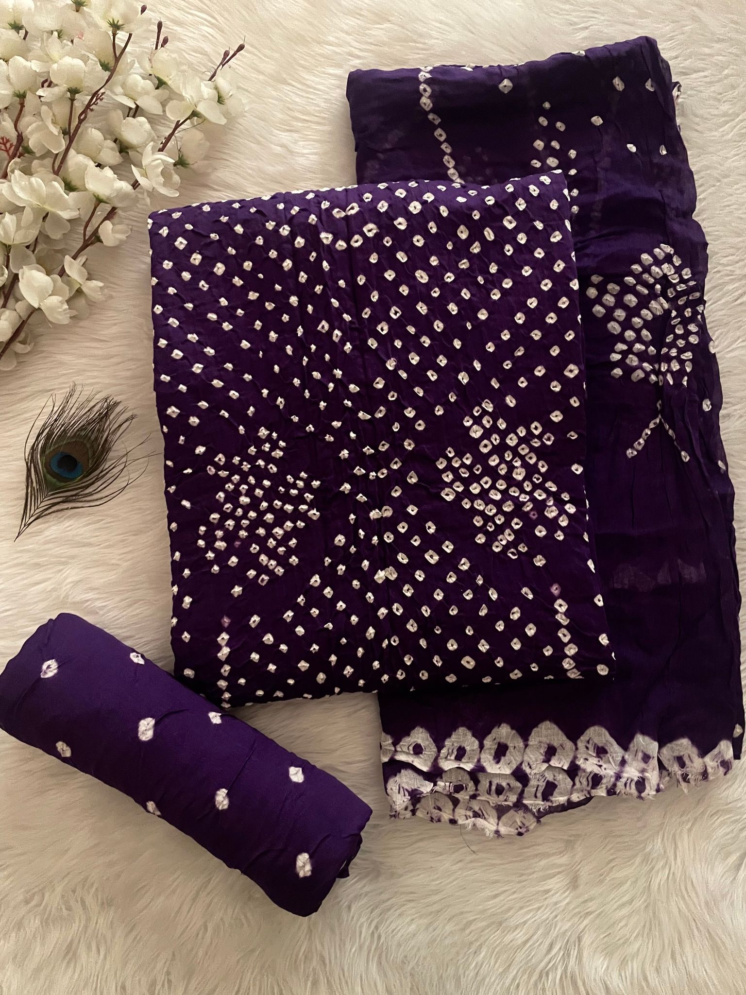 Cotton Satin Self Color Kutch Bandhani Dress Material (Unstitched)-Purple