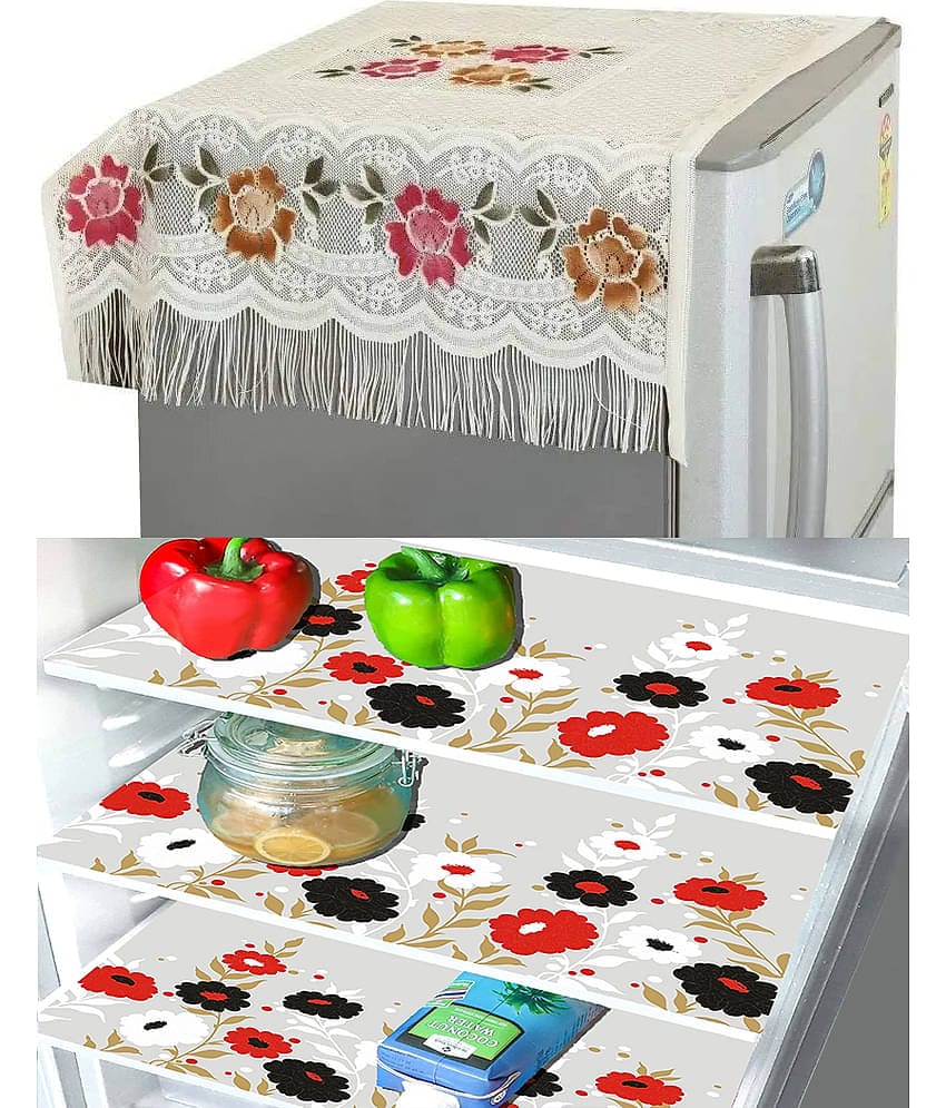 Crosmo Polyester Floral Printed Fridge Mat & Cover ( 99 53 ) Pack of 4 - Multicolor