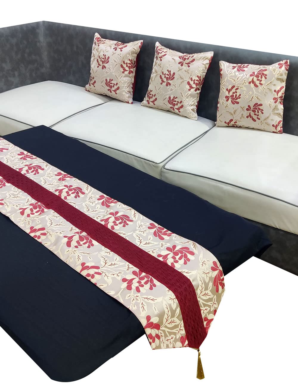 Maroon Red White Damask Floral Woven Square 3 Cushion Covers and 1 Table Runner Combo Luxury Modern Pillow Cover for Sofa Living Room Bedroom |24X24 Inch Cushion Cover I12 X 59 Inch Table Runner