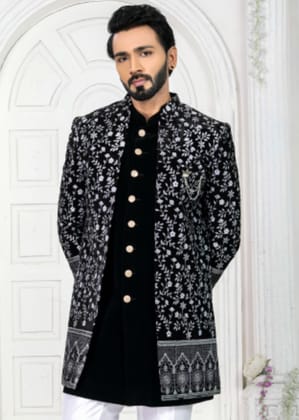 Black Embroidered Open Indo Western Set-S