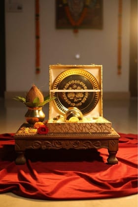 Gold Gold Plated Brass Pooja Thali Gifting Set, 1 Bowl, 1 Agarbatti Stand, 1 Diya, 1 Spoon, Bell, 1 Kalash Returngift, Karwa Chauth, Wedding, Anniversary, Corporate Gifts.