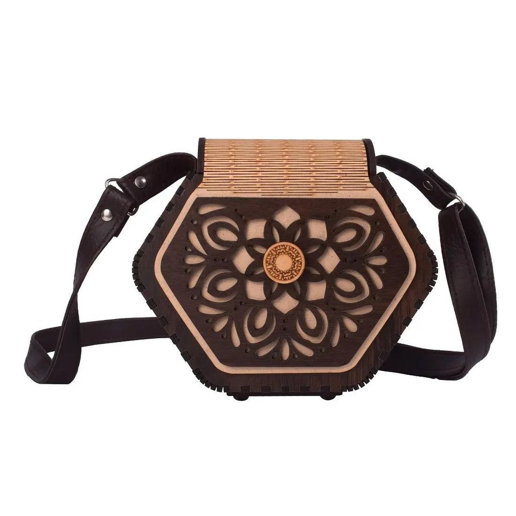 "Elegant Handcrafted Hexagonal Wooden Handbag with Floral Design - Perfect Rakhi Festival Gift"