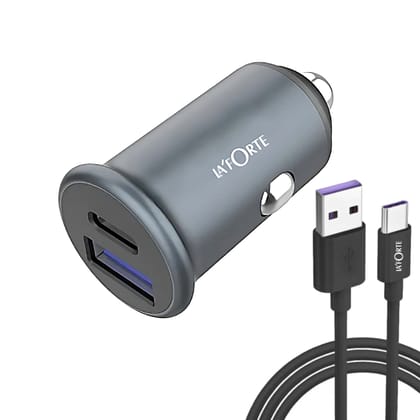 LA' FORTE Compact Mini Metal Dual Port Ultra Fast Car Charger, QCPD (QC- 3.0 & PD - 30 W)-Charger with Type C Cable