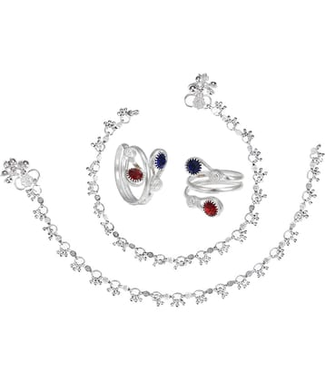 AanyaCentric Silver Plaed 1 Pair Anklet & 1 Pair Toe Ring Combo