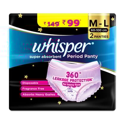 Whisper Super Absorbent Period Panty, 2 M-L Pants, 360 Degree Leakage Protection for Heavy Flow, Panty like Fit for Full back Coverage, Absorbs Heavy Gushes, Silky Soft, Comfortable Feel
