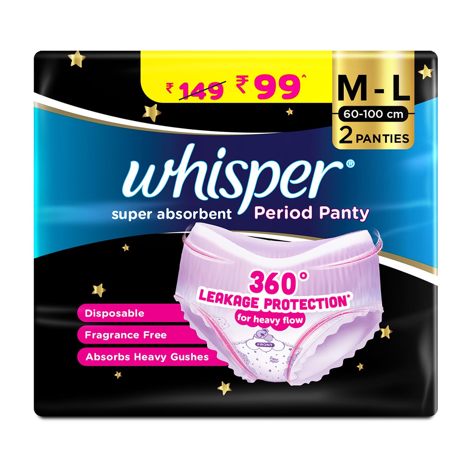Whisper Super Absorbent Period Panty, 2 M-L Pants, 360 Degree Leakage Protection for Heavy Flow, Panty like Fit for Full back Coverage, Absorbs Heavy Gushes, Silky Soft, Comfortable Feel