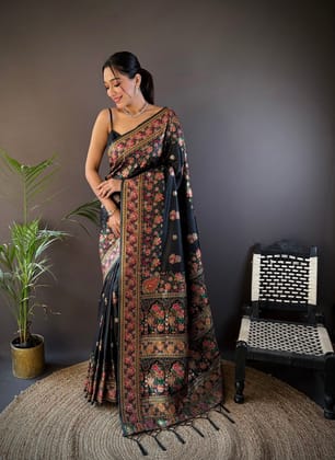 Black Silk Meena Weaving  Pashmina Work Kashmiri Saree