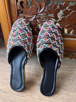 Traditional Mirror Work Ethnic Slip-On Sandals, Cushioned Footbed, Handcrafted, Black with Multicolour Embroidery Traditional Mirror Work Ethnic Slip-On Sandals, Cushioned Footbed, Handcrafted, Black with Multicolour Embroidery