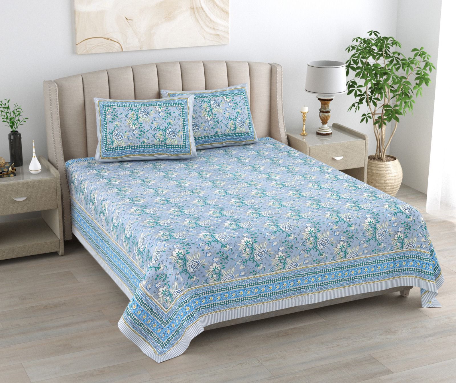 3001-Hometrade India-Standard King Size (90*108 Inches) Double Bedsheet With 2 Pillow Cover-RJ-14-Jaipur lining-3310
