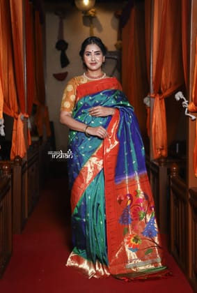 Exclusive - Authentic Handloom Pure Silk Muniya Border Paithani with Exclusive Pallu and Buttis - Dual Tone Blue Green